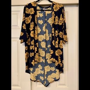 LuLaRoe Navy & Gold Floral Lindsay Kimono EUC